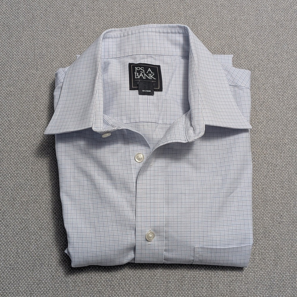 Jos A Bank Traveler Men's Dress Shirt Light Blue Check 15.5 32 Slim Cotton